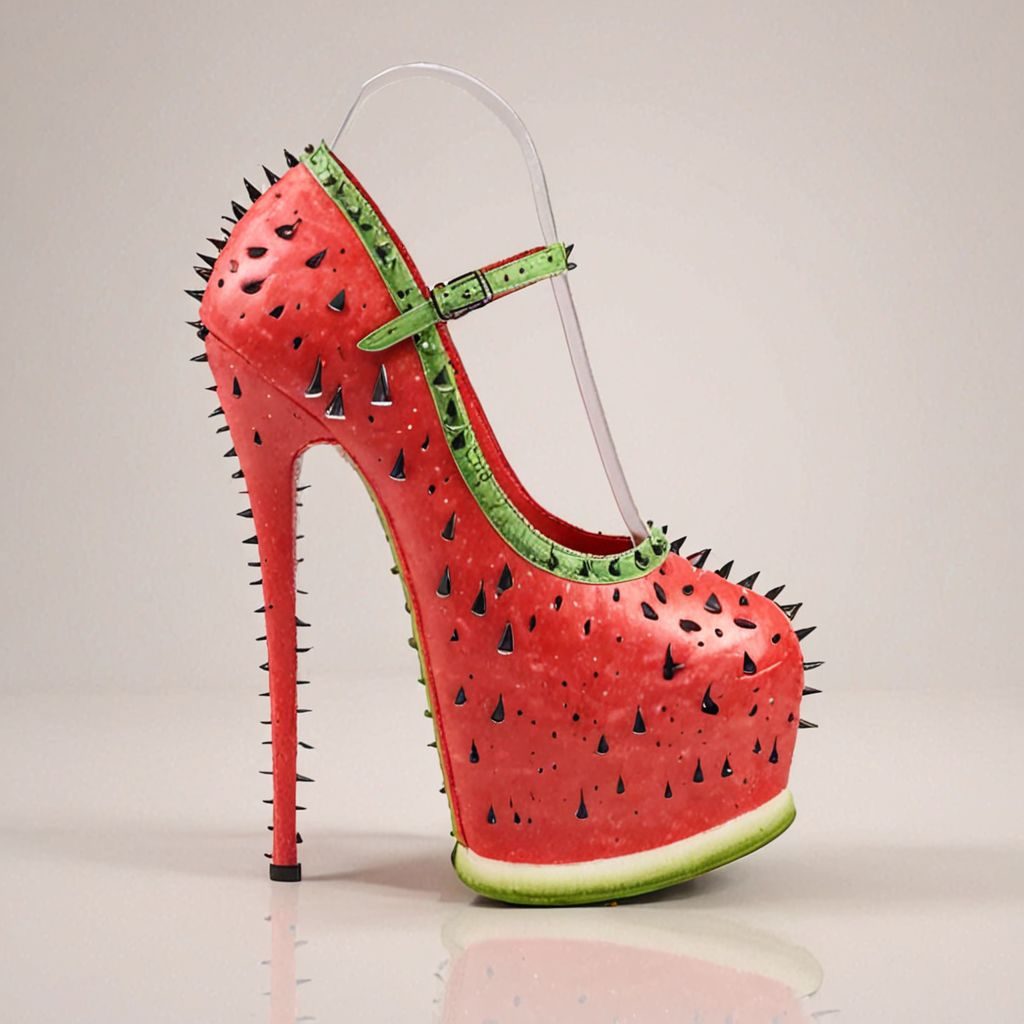 stripper very high heels,watermelon design, spikes, studio lighting, packshot, white background, 8k, photorealistic 
Steps: 10, Sampler: DPM++ SDE, CFG scale: 1.5, Seed: 2965509013, Size: 1024x1024, Model hash: c8df560d29, Model: juggernautXL_v9Rdphoto2Lightning, Lora hashes: "Alternative_Shoes_XL: 48db5c2cdb7a", Version: v1.8.0