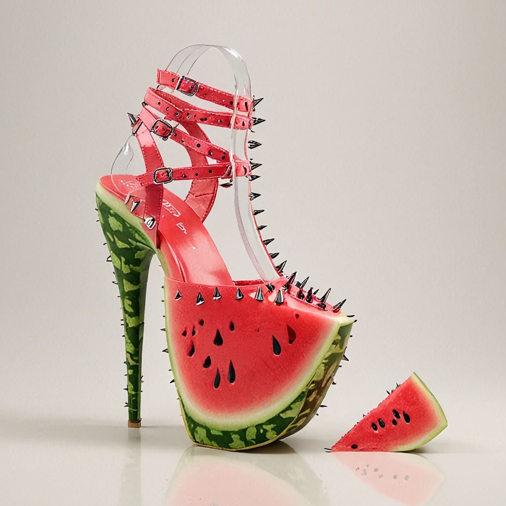 stripper very high heels, watermelon design, spikes, studio lighting, packshot, white background, 8k, photorealistic 
Negative prompt: legs
Steps: 10, Sampler: DPM++ SDE, CFG scale: 1.5, Seed: 2479679499, Size: 1024x1024, Model hash: c8df560d29, Model: juggernautXL_v9Rdphoto2Lightning, Lora hashes: "Alternative_Shoes_XL: 48db5c2cdb7a", Version: v1.8.0