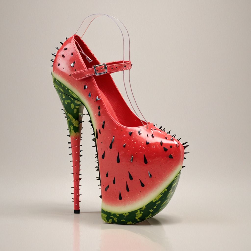 stripper very high heels, watermelon design, spikes, studio lighting, packshot, white background, 8k, photorealistic 
Negative prompt: legs
Steps: 10, Sampler: DPM++ SDE, CFG scale: 1.5, Seed: 2768480172, Size: 1024x1024, Model hash: c8df560d29, Model: juggernautXL_v9Rdphoto2Lightning, Lora hashes: "Alternative_Shoes_XL: 48db5c2cdb7a", Version: v1.8.0