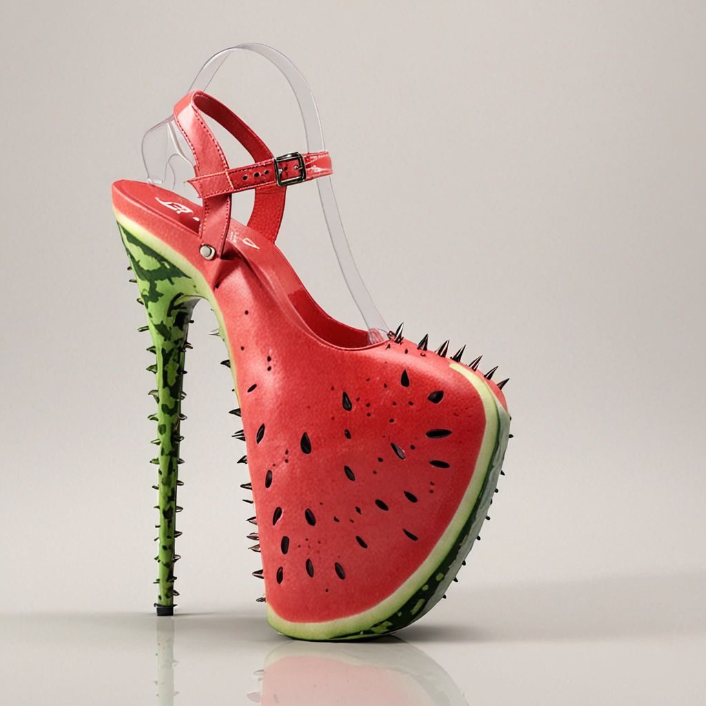 stripper very high heels, watermelon design, spikes, studio lighting, packshot, white background, 8k, photorealistic 
Negative prompt: legs
Steps: 10, Sampler: DPM++ SDE, CFG scale: 1.5, Seed: 491865749, Size: 1024x1024, Model hash: c8df560d29, Model: juggernautXL_v9Rdphoto2Lightning, Lora hashes: "Alternative_Shoes_XL: 48db5c2cdb7a", Version: v1.8.0