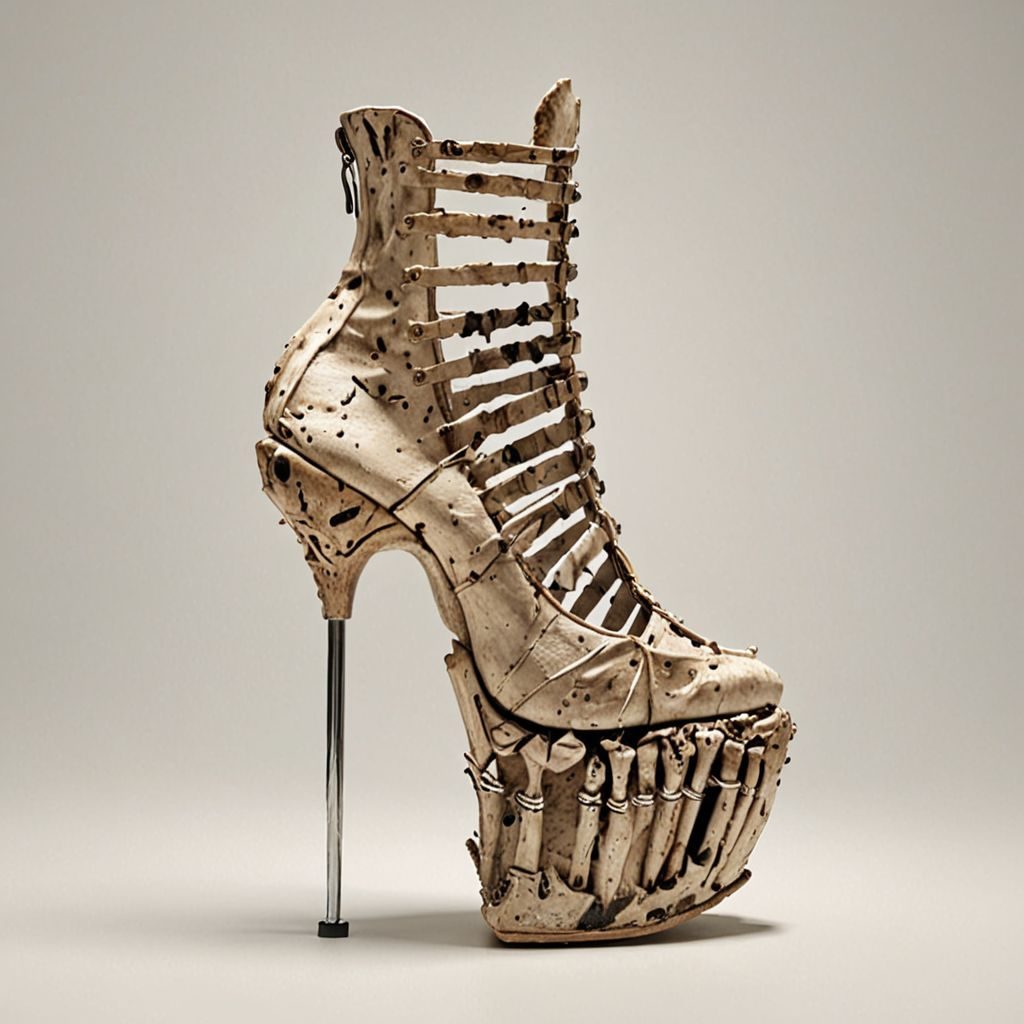 stripper very high heels, jurassic fossil skeleton design, studio lighting, packshot, white background, 8k, photorealistic 
Negative prompt: legs
Steps: 10, Sampler: DPM++ SDE, CFG scale: 1.5, Seed: 687267441, Size: 1024x1024, Model hash: c8df560d29, Model: juggernautXL_v9Rdphoto2Lightning, Lora hashes: "Alternative_Shoes_XL: 48db5c2cdb7a", Version: v1.8.0